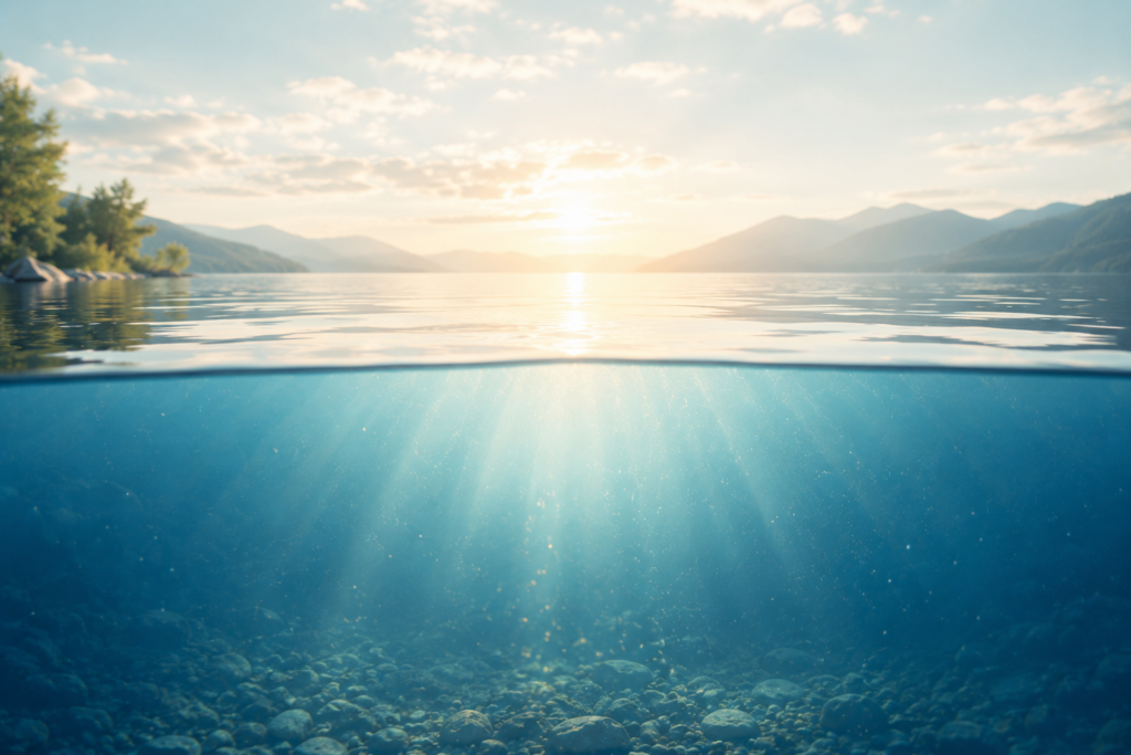 水面の上と下が描かれた静かな湖の風景。見えている世界と見えていない世界を象徴するイメージ